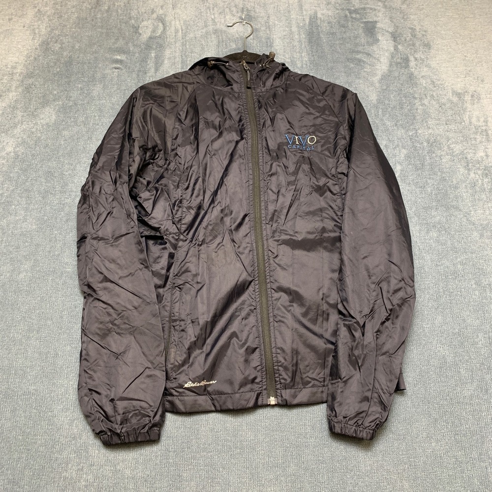 Eddie Bauer Windbreaker Jacket Womens S Black Vivo Capital Logo Hooded Full Zip